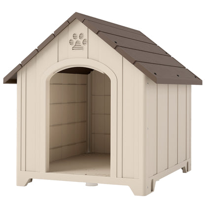 Raised Outdoor Dog House for Medium & Large Dogs — Sloped Roof, Ventilation & Ground Pegs, PP, 34.6 x 30.7 x 35.0 in (Beige/Dark Brown)