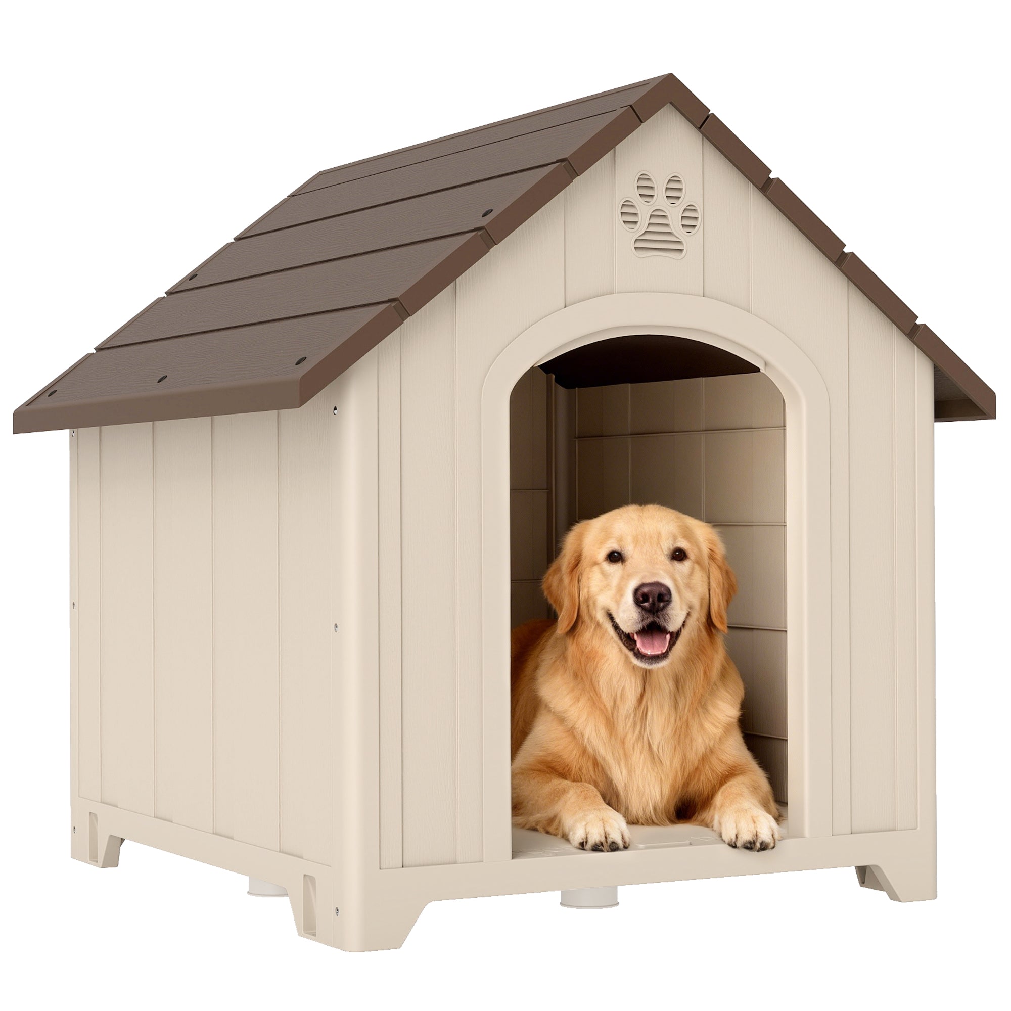 Raised Outdoor Dog House for Medium & Large Dogs — Sloped Roof, Ventilation & Ground Pegs, PP, 34.6 x 30.7 x 35.0 in (Beige/Dark Brown)