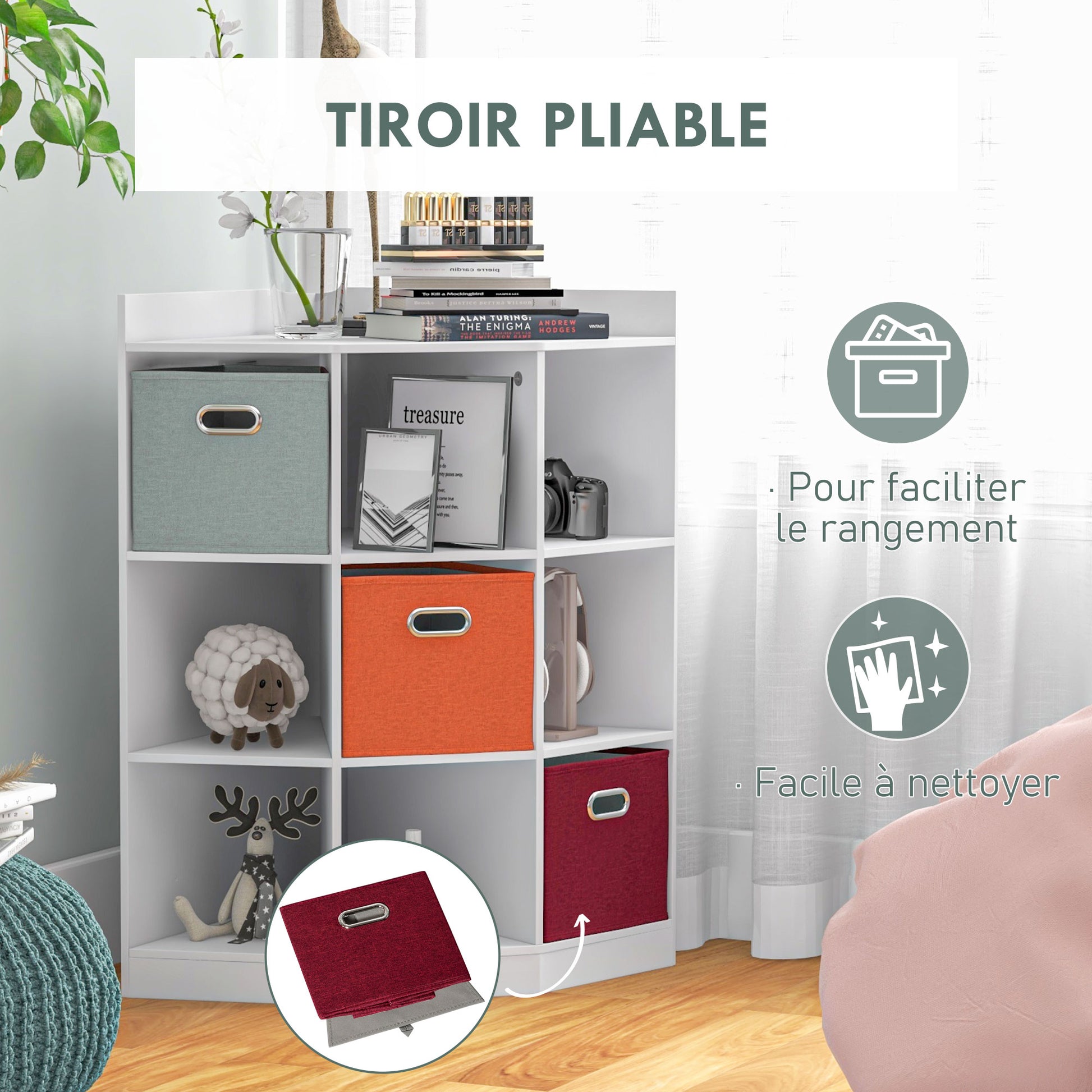 Corner Storage Unit Children's Furniture 9 Compartments 3 Non-Woven Fabric Drawers White MDF