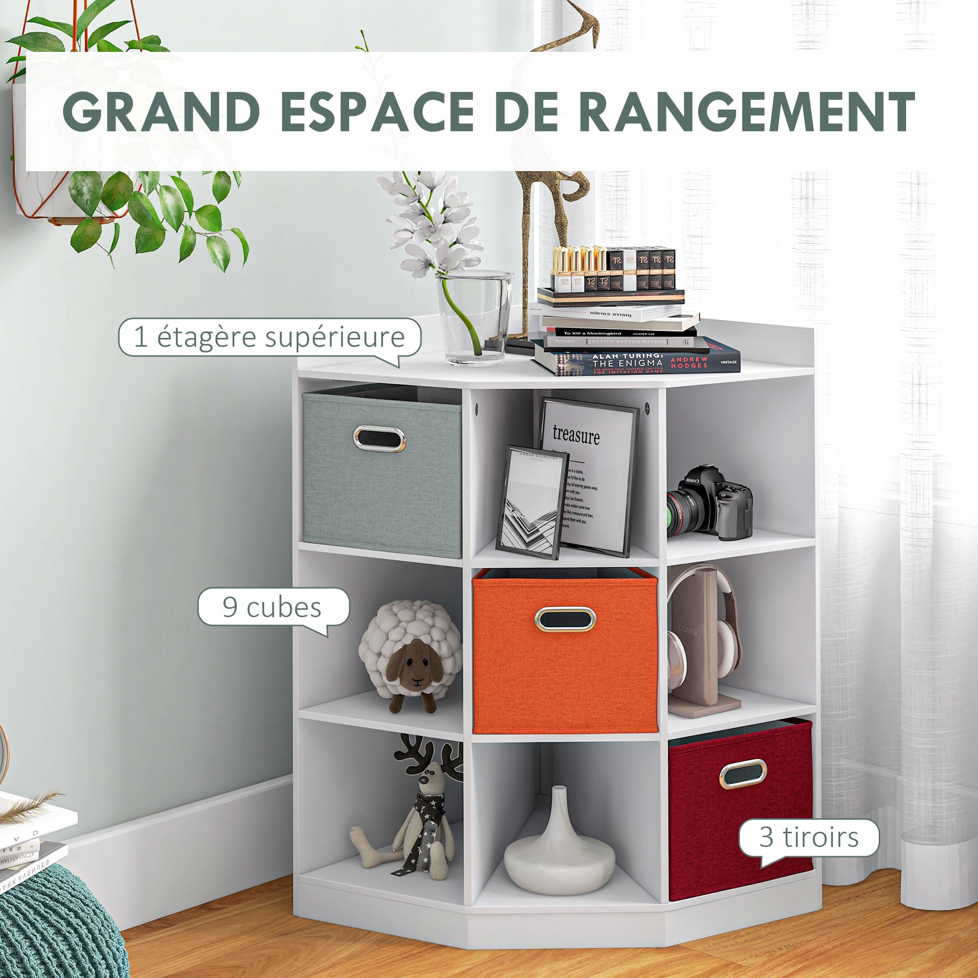 Corner Storage Unit Children's Furniture 9 Compartments 3 Non-Woven Fabric Drawers White MDF