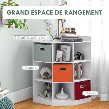 Corner Storage Unit Children's Furniture 9 Compartments 3 Non-Woven Fabric Drawers White MDF