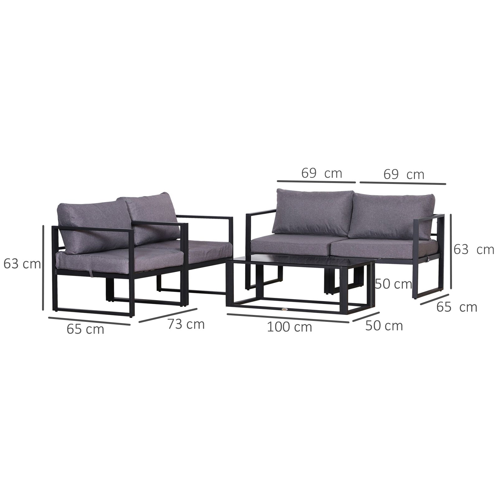 Four-Piece Garden Furniture Set, Seating Group, Sofa with Seat Cushions, Table with Storage, Polyester, Gray, 138 x 69 x 63 cm