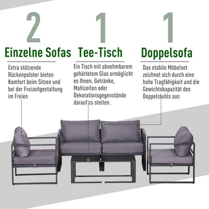 Four-Piece Garden Furniture Set, Seating Group, Sofa with Seat Cushions, Table with Storage, Polyester, Gray, 138 x 69 x 63 cm