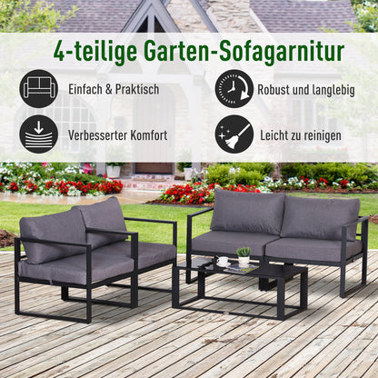 Four-Piece Garden Furniture Set, Seating Group, Sofa with Seat Cushions, Table with Storage, Polyester, Gray, 138 x 69 x 63 cm