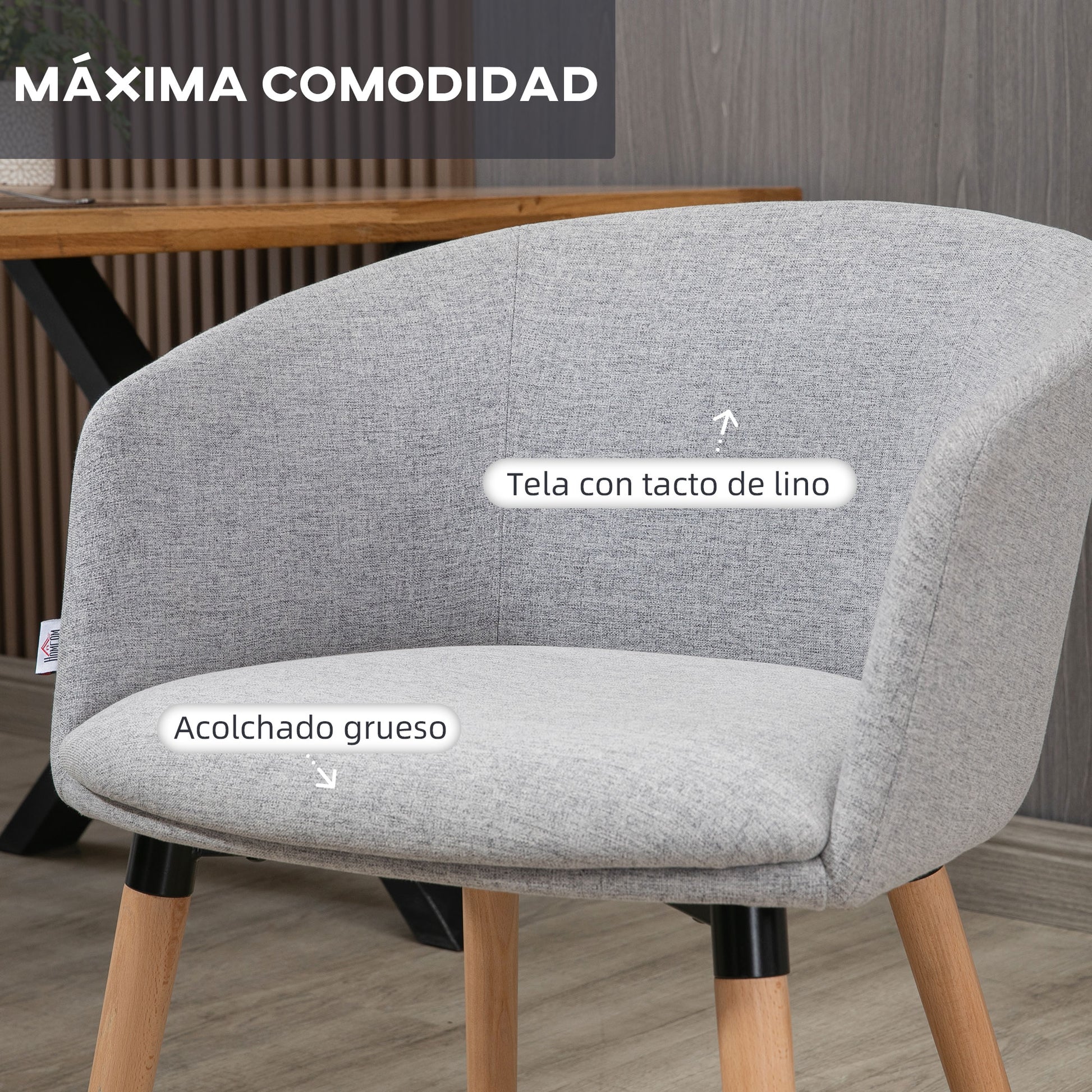 Dining Chair Armchair Upholstered in Synthetic Linen with Armrests and Wooden Legs for Office Bedroom Load 120 kg 57x56x72 cm Gray