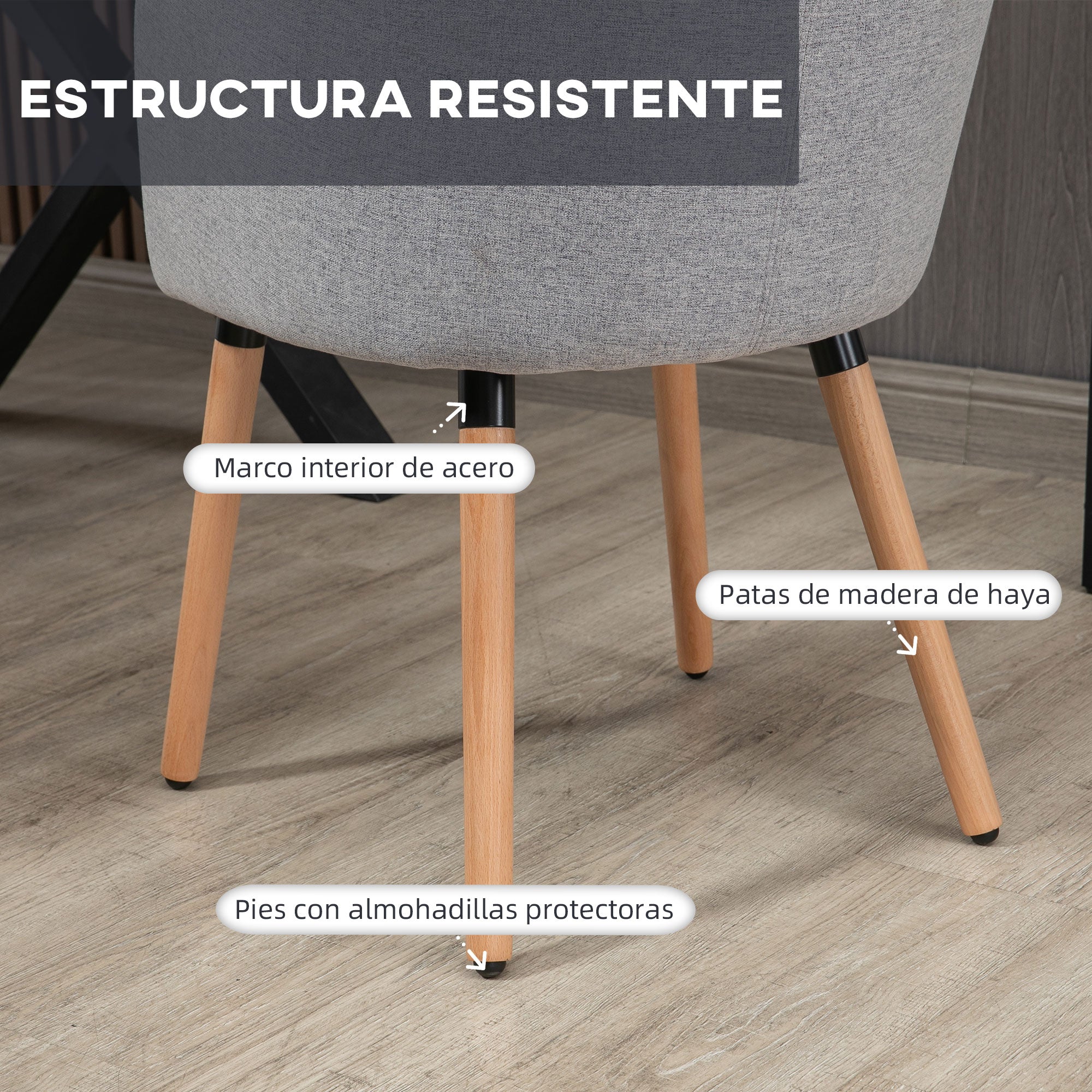 Dining Chair Armchair Upholstered in Synthetic Linen with Armrests and Wooden Legs for Office Bedroom Load 120 kg 57x56x72 cm Gray