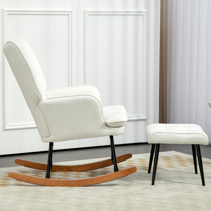 Schaukelstuhl Schwingsessel mit Hocker, Armlehnsessel, Sessel mit Leinenoptik, Schaukelsessel bis 130 kg Belastbarkeit für Schlafzimmer, Wohnzimmer, Cremeweiß