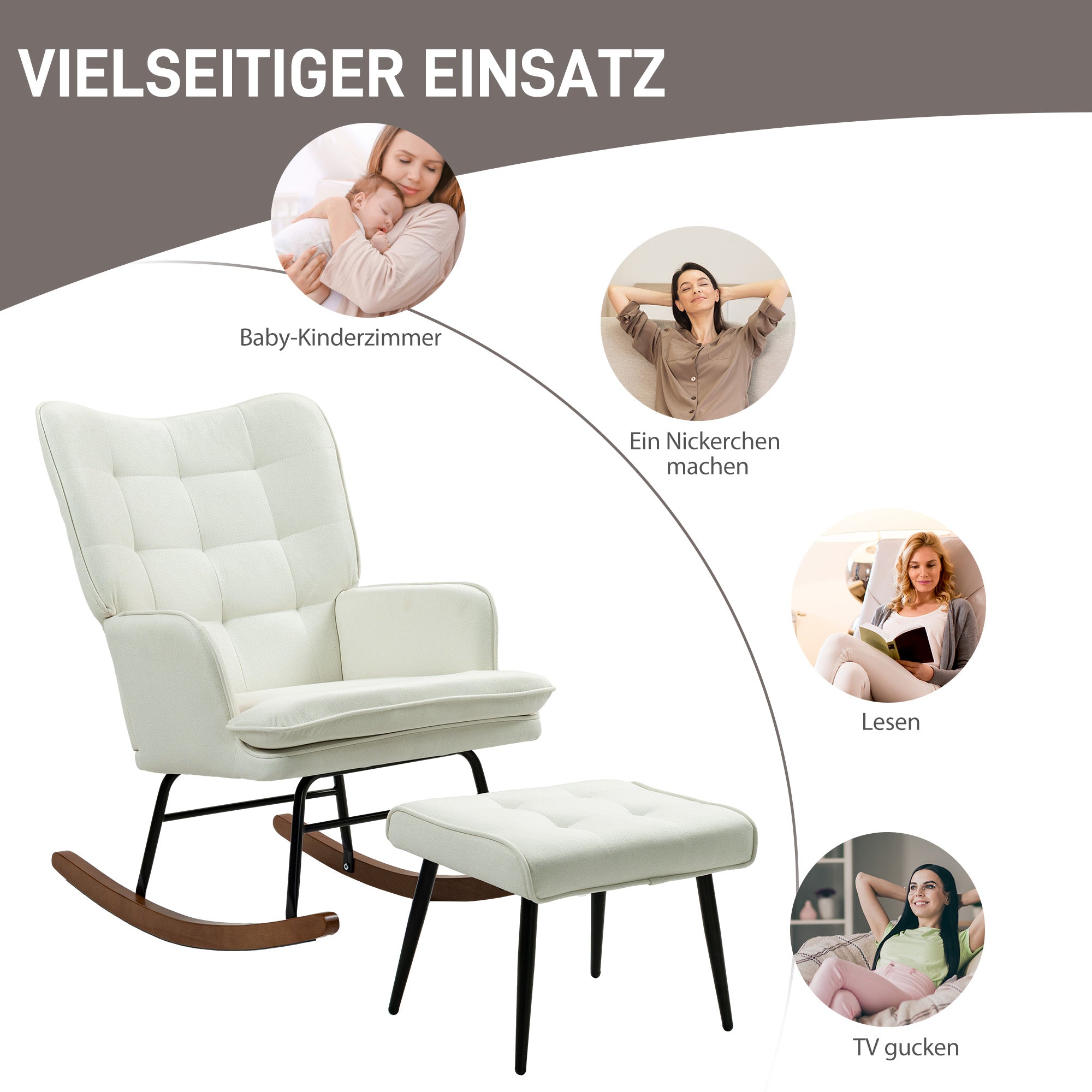 Rocking Chair Rocking Chair with Ottoman, Armchair, Nursing Chair with Linen Look, Rocking Chair up to 130 kg Capacity for Bedroom, Living Room, Cream White