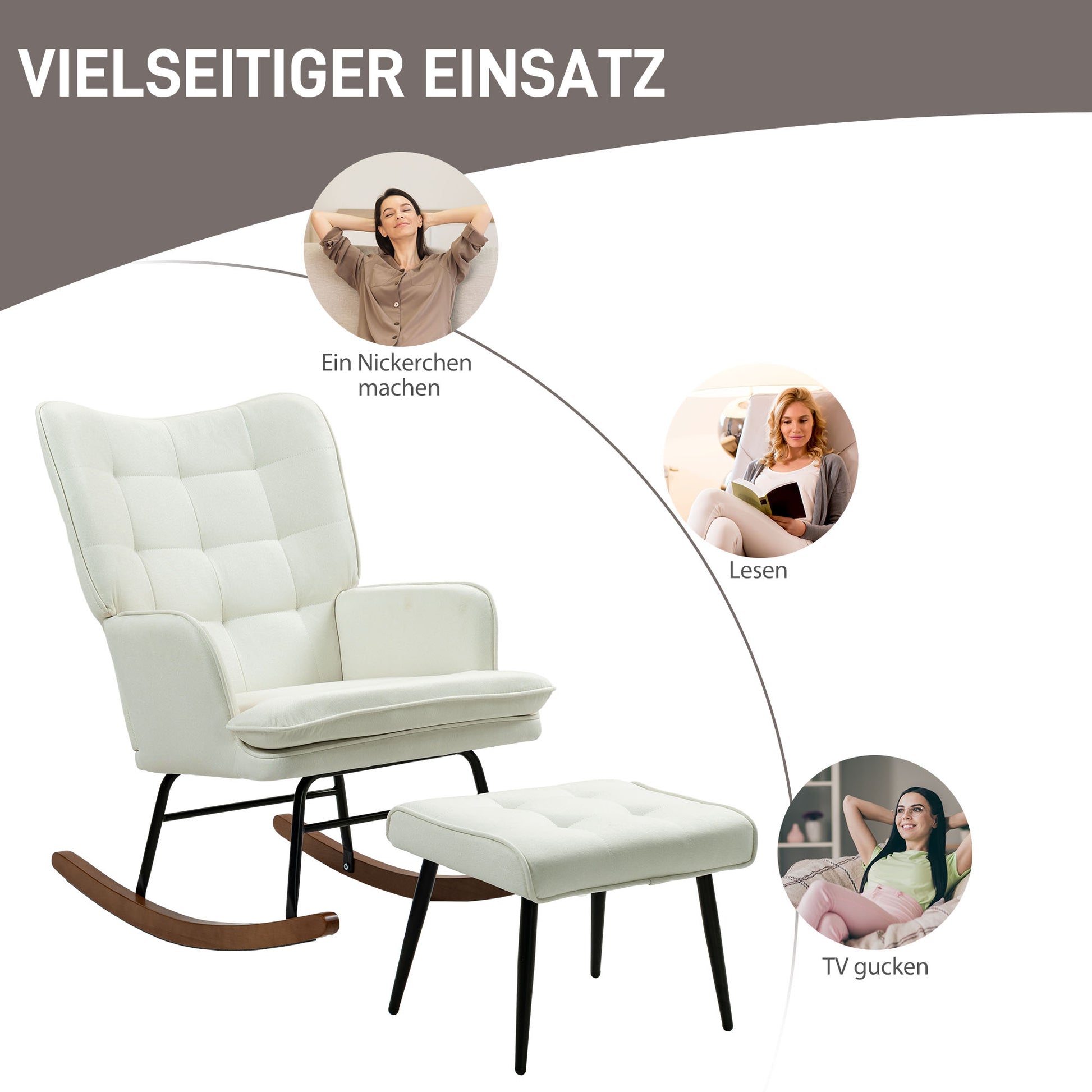 Schaukelstuhl Schwingsessel mit Hocker, Armlehnsessel, Sessel mit Leinenoptik, Schaukelsessel bis 130 kg Belastbarkeit für Schlafzimmer, Wohnzimmer, Cremeweiß