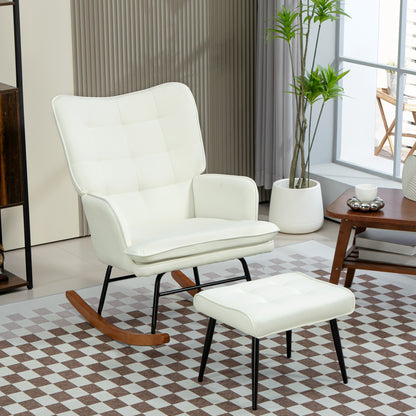 Schaukelstuhl Schwingsessel mit Hocker, Armlehnsessel, Sessel mit Leinenoptik, Schaukelsessel bis 130 kg Belastbarkeit für Schlafzimmer, Wohnzimmer, Cremeweiß