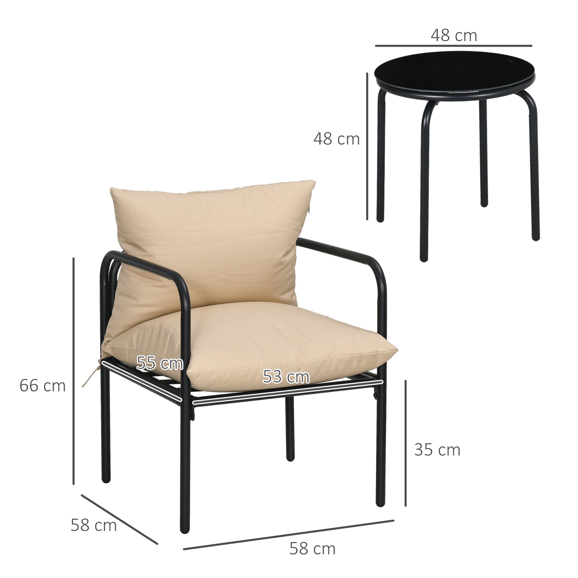 3-Piece Garden Furniture Set, Bistro Set with 2 Chairs, 1 Coffee Table, Balcony Furniture Set with Seat Cushions, Garden Seating Group for Balcony, Patio, Steel, Beige