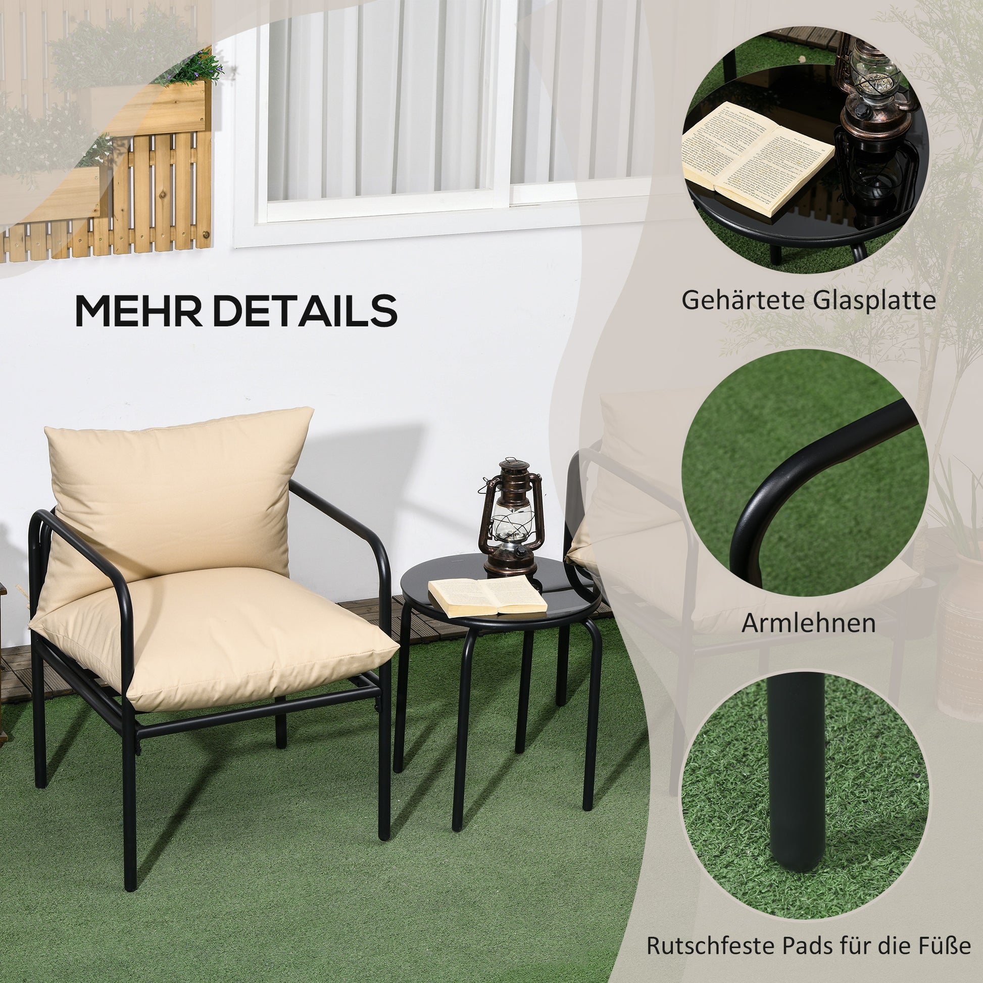 3-Piece Garden Furniture Set, Bistro Set with 2 Chairs, 1 Coffee Table, Balcony Furniture Set with Seat Cushions, Garden Seating Group for Balcony, Patio, Steel, Beige
