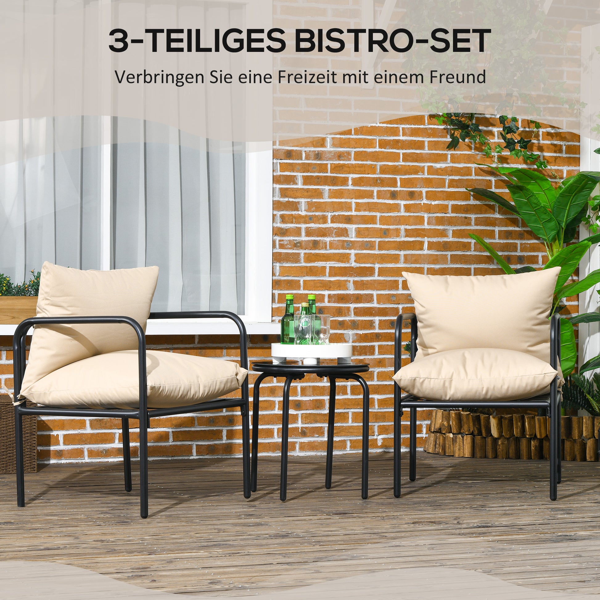 3-Piece Garden Furniture Set, Bistro Set with 2 Chairs, 1 Coffee Table, Balcony Furniture Set with Seat Cushions, Garden Seating Group for Balcony, Patio, Steel, Beige
