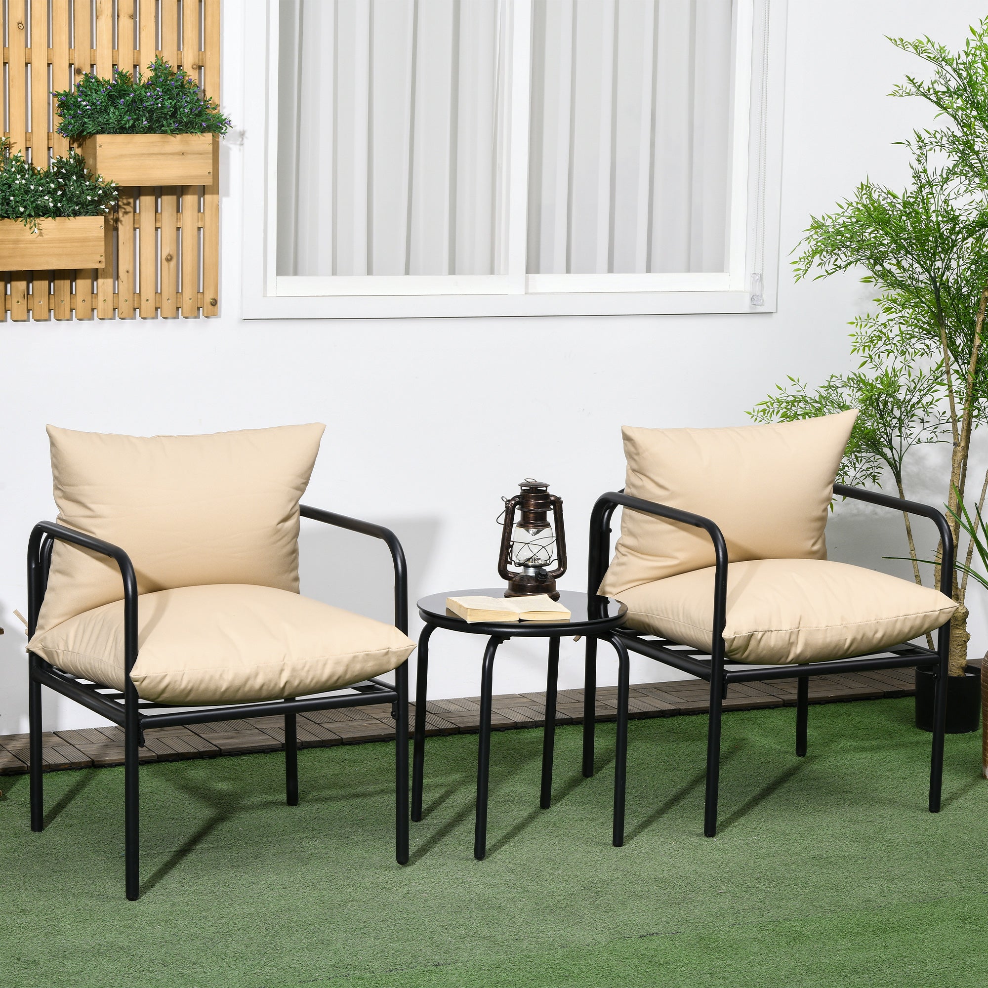 3-Piece Garden Furniture Set, Bistro Set with 2 Chairs, 1 Coffee Table, Balcony Furniture Set with Seat Cushions, Garden Seating Group for Balcony, Patio, Steel, Beige