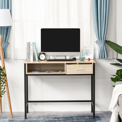 Bureau Industriel HOMCOM avec Rangement, Bureau d'Ordinateur avec Tiroir, Cadre en Métal, Plateau en Bois d'Orme Noir