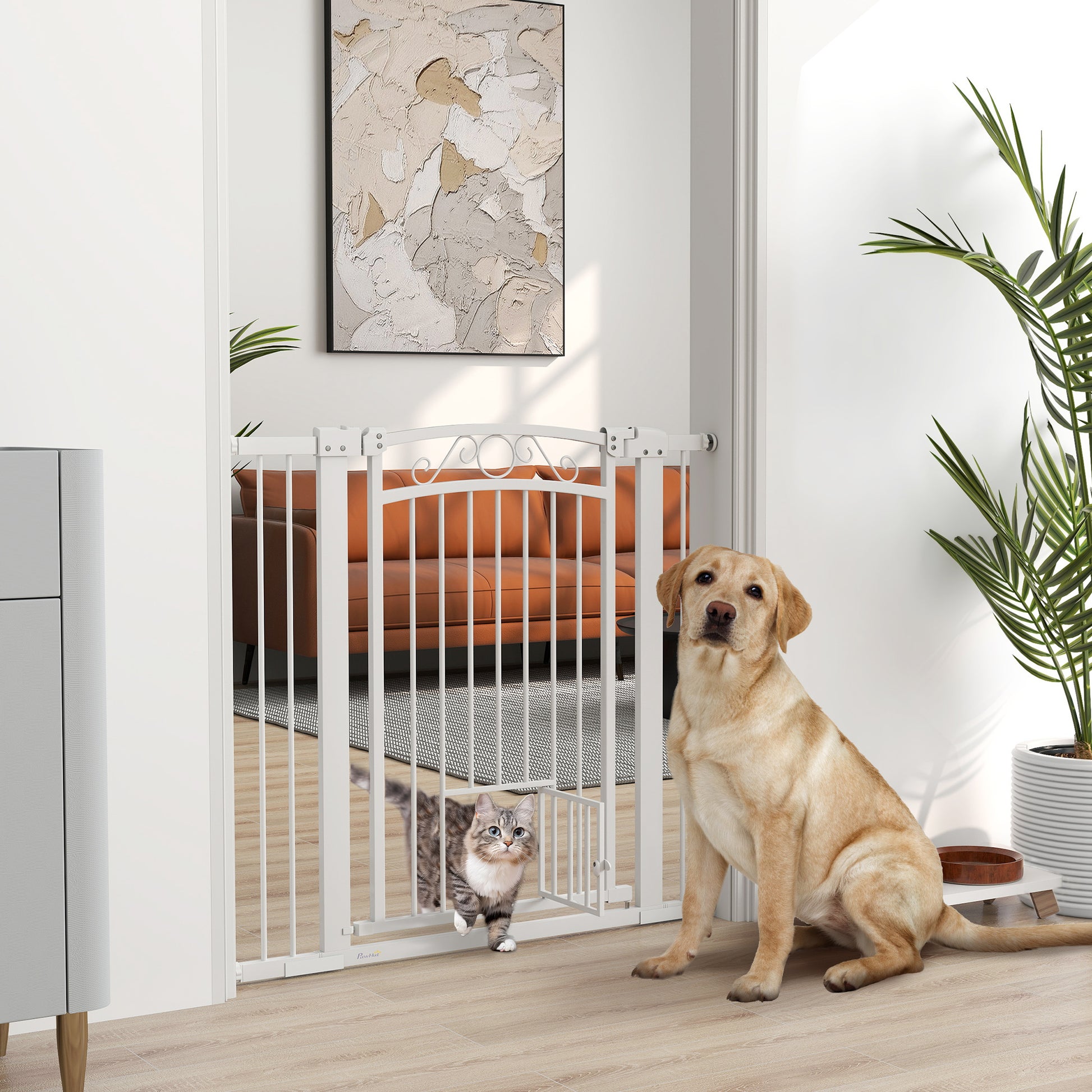 Dog Barrier Dog Gate 76-104 cm Dog Security Gate with 2 Extensions 7/14 cm and Double Lock for Stairs and Doors White