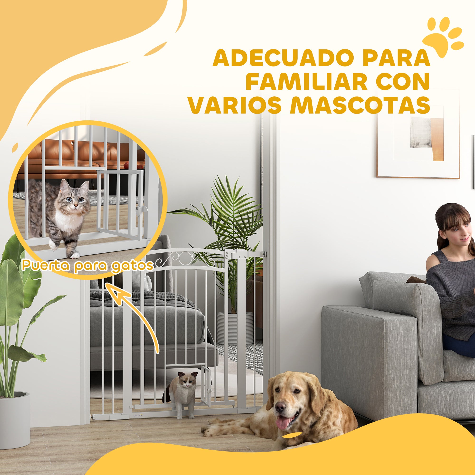 Dog Barrier Dog Gate 76-104 cm Dog Security Gate with 2 Extensions 7/14 cm and Double Lock for Stairs and Doors White