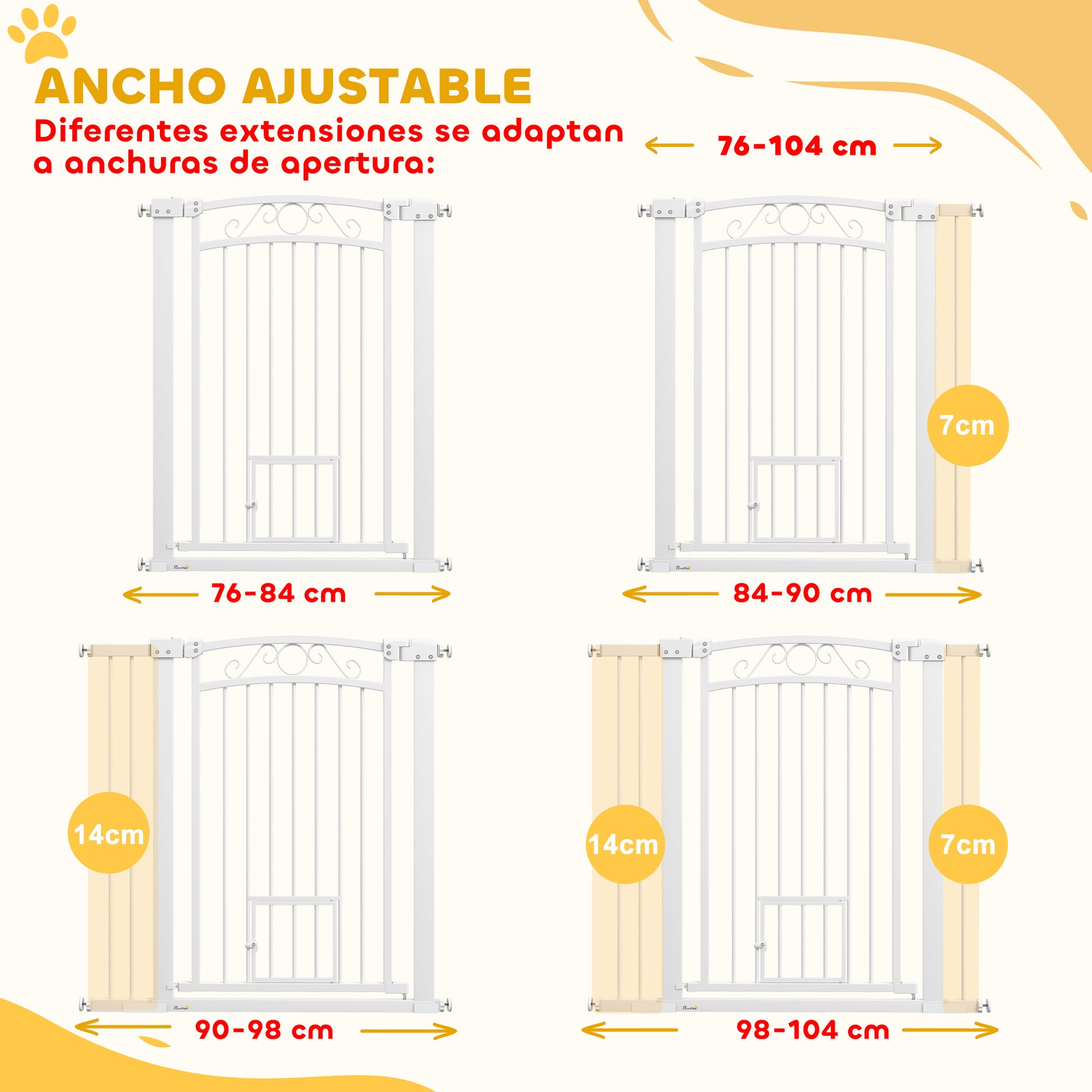 Dog Barrier Dog Gate 76-104 cm Dog Security Gate with 2 Extensions 7/14 cm and Double Lock for Stairs and Doors White
