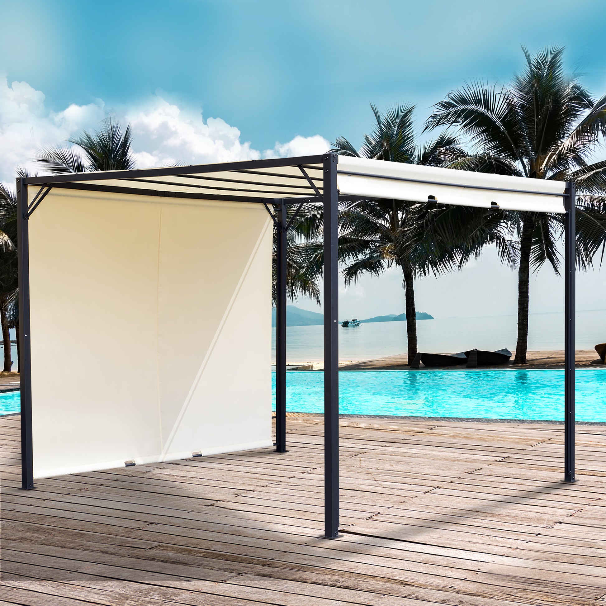 3x3m Garden Gazebo with Retractable Roof Side Wall and Steel Frame for Patio Terrace Cream
