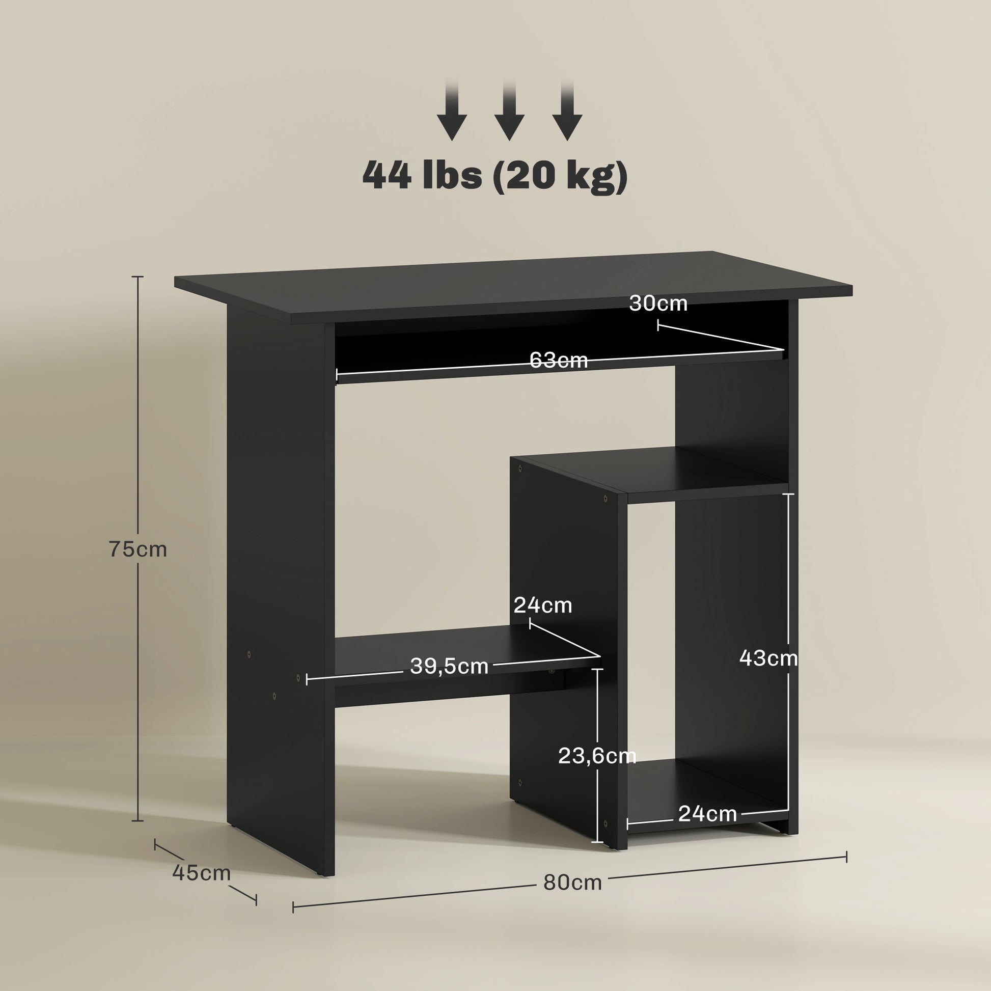 Desk, 80 x 45 cm, Computer Desk, Office Desk with Keyboard Tray, Open Compartments and Shelves, Chipboard, for Home Office, Bedroom, Black