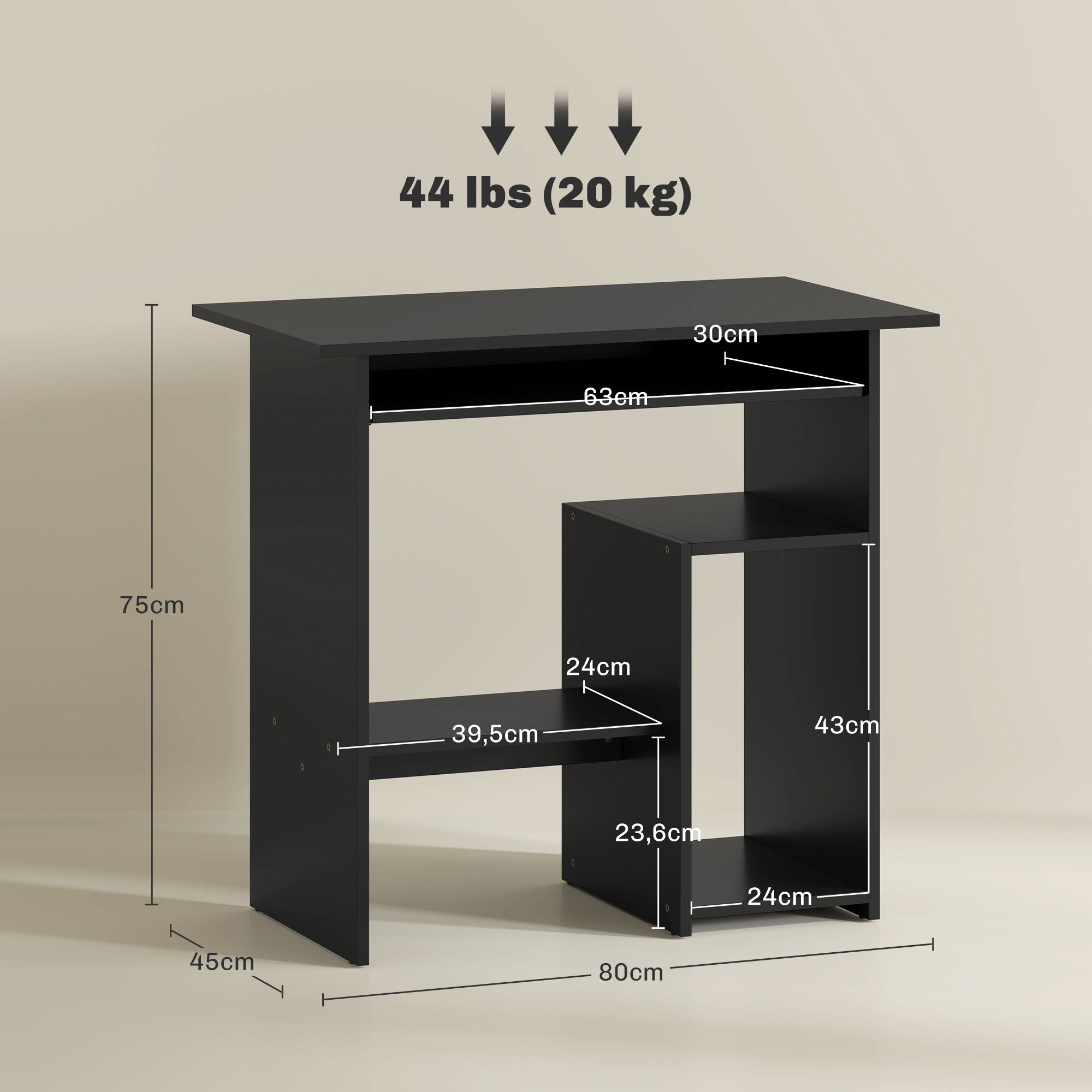 Desk, 80 x 45 cm, Computer Desk, Office Desk with Keyboard Tray, Open Compartments and Shelves, Chipboard, for Home Office, Bedroom, Black