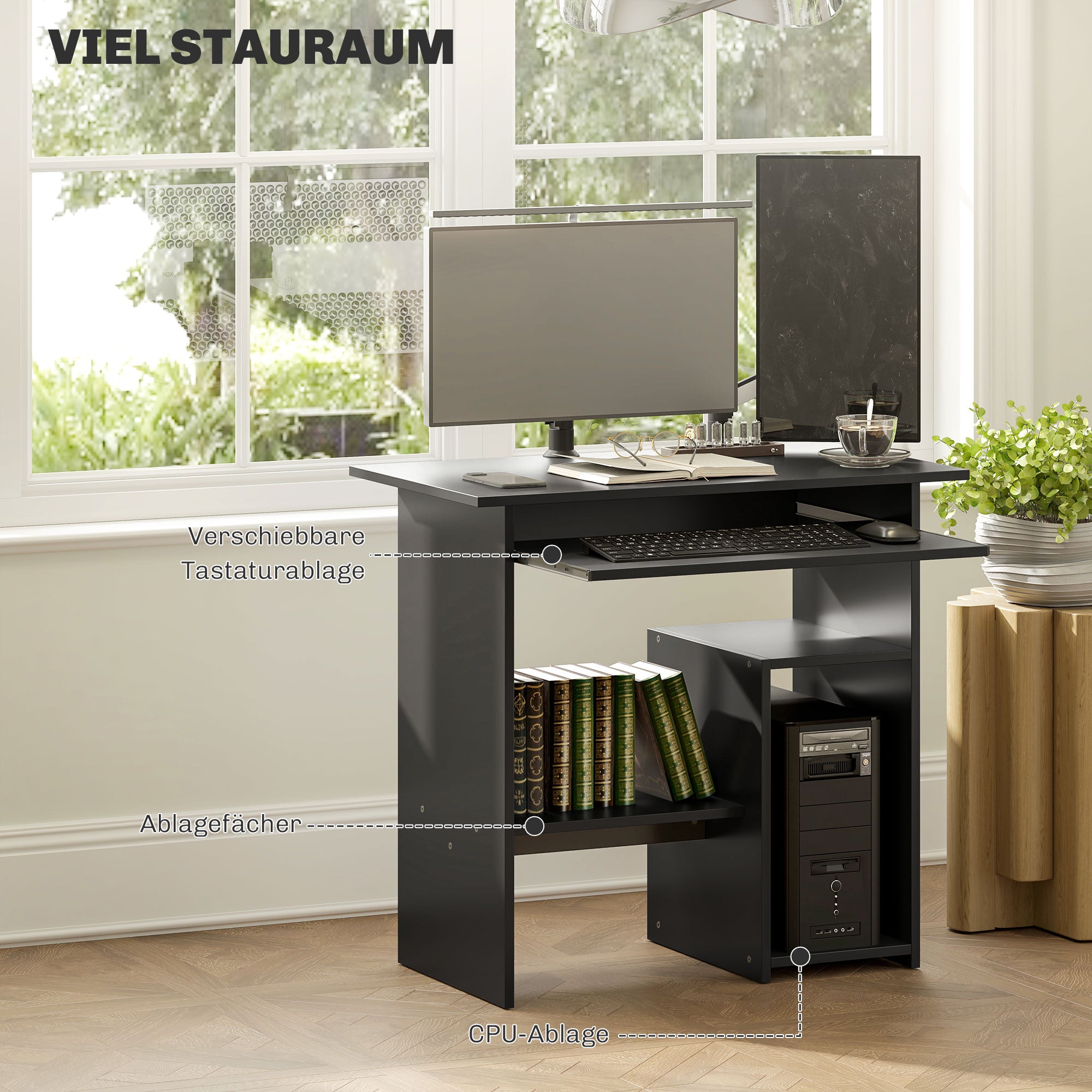 Desk, 80 x 45 cm, Computer Desk, Office Desk with Keyboard Tray, Open Compartments and Shelves, Chipboard, for Home Office, Bedroom, Black