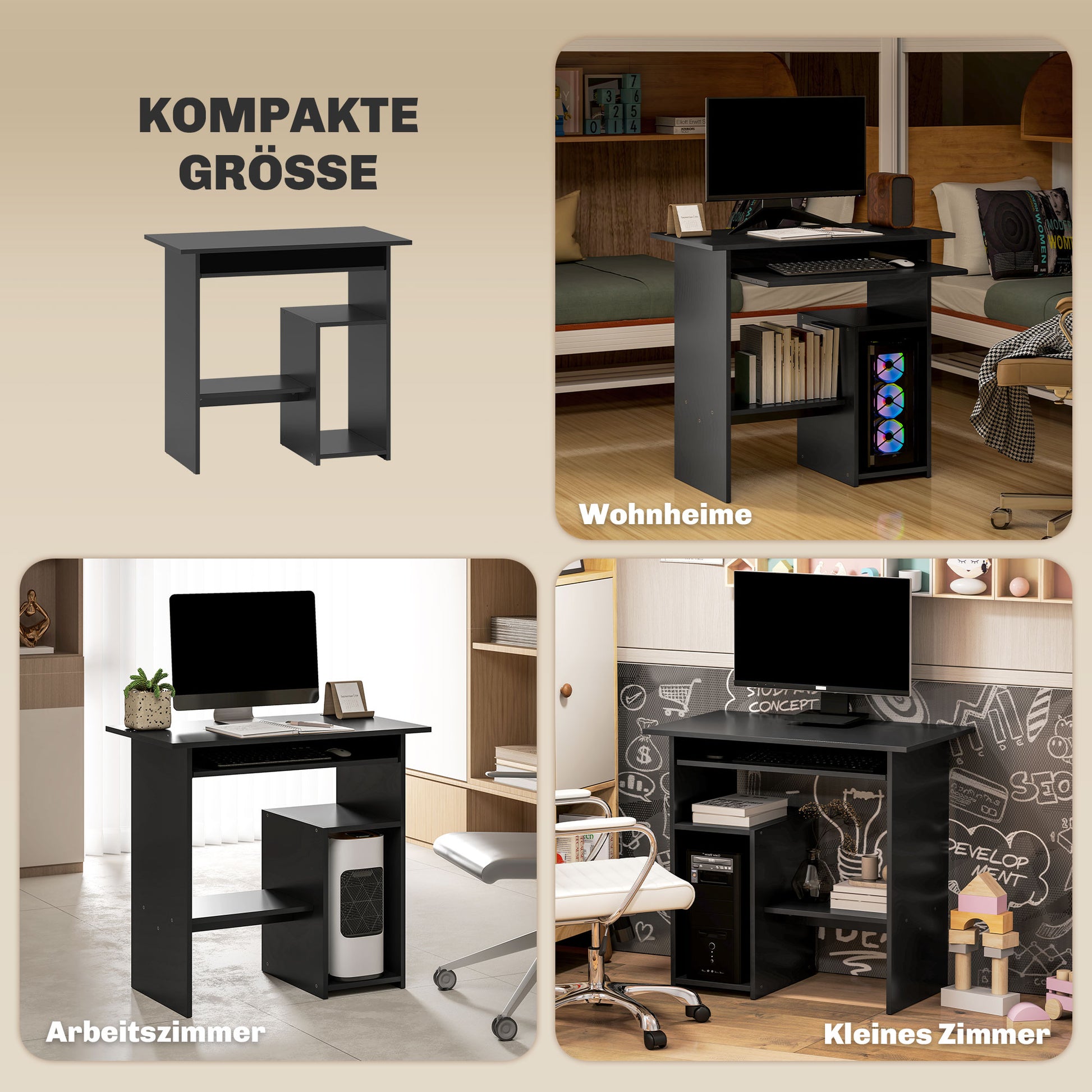 Desk, 80 x 45 cm, Computer Desk, Office Desk with Keyboard Tray, Open Compartments and Shelves, Chipboard, for Home Office, Bedroom, Black