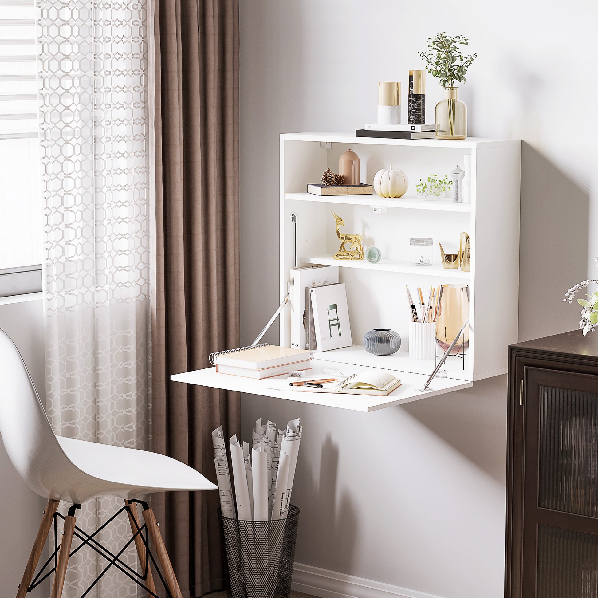 Modern Wall-Mounted Foldable Desk Floating Multifunctional with Storage Shelves Load 40 kg for Bedroom Living Room Office 64x20x60 cm White