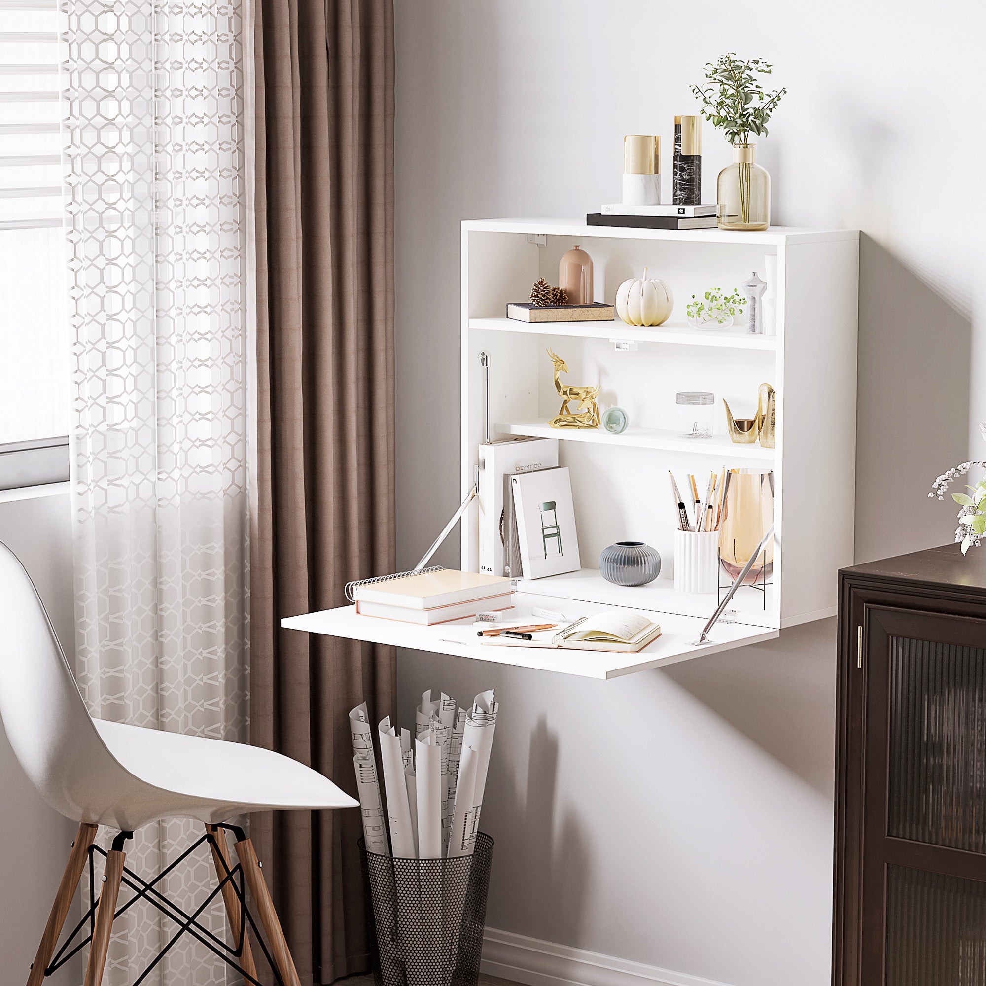 Modern Wall-Mounted Foldable Desk Floating Multifunctional with Storage Shelves Load 40 kg for Bedroom Living Room Office 64x20x60 cm White