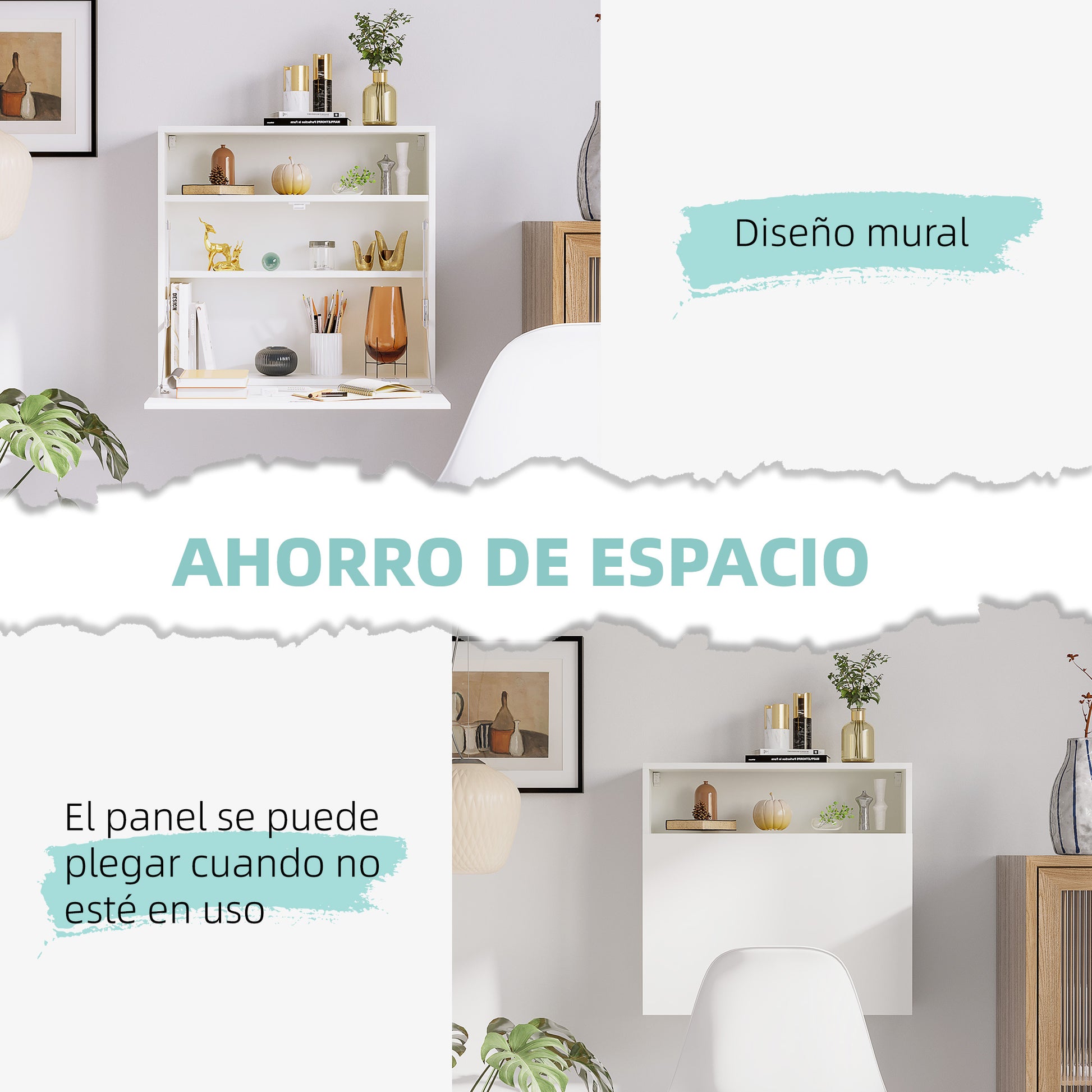 Modern Wall-Mounted Foldable Desk Floating Multifunctional with Storage Shelves Load 40 kg for Bedroom Living Room Office 64x20x60 cm White