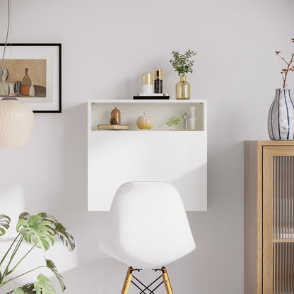 Modern Wall-Mounted Foldable Desk Floating Multifunctional with Storage Shelves Load 40 kg for Bedroom Living Room Office 64x20x60 cm White