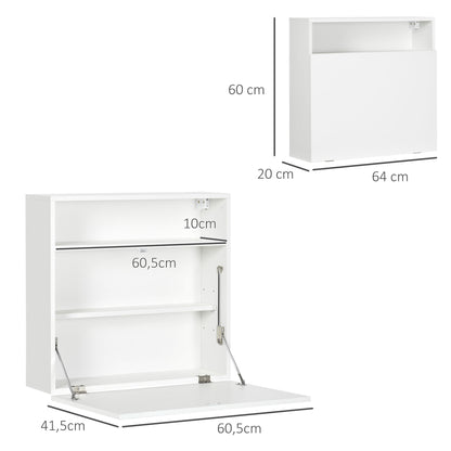 Modern Wall-Mounted Foldable Desk Floating Multifunctional with Storage Shelves Load 40 kg for Bedroom Living Room Office 64x20x60 cm White