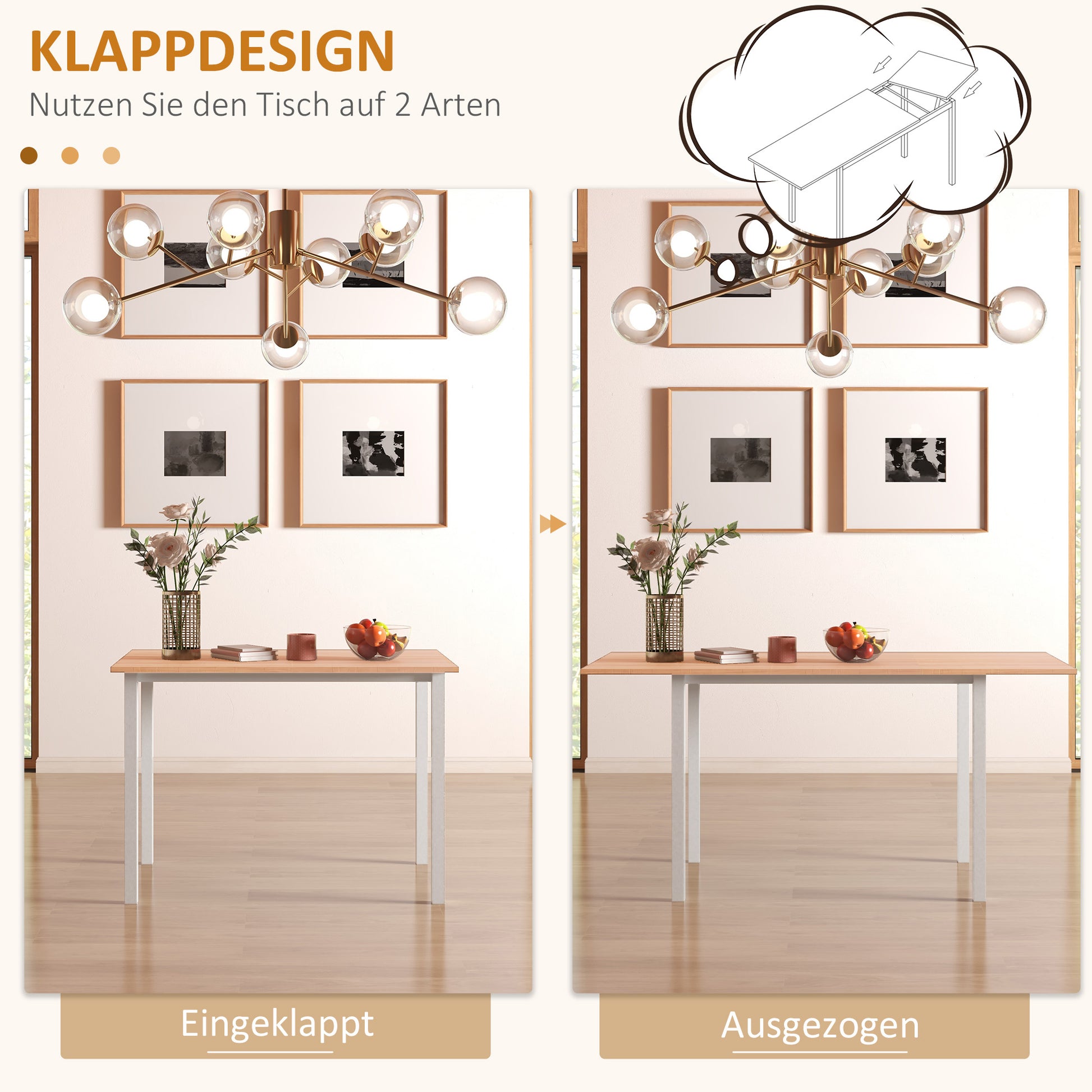Extendable Dining Table Kitchen Table Dining Table for 6 People, Dining Room Table for Dining Room, Kitchen, Steel, Brown, 110-160 x 70 x 76 cm