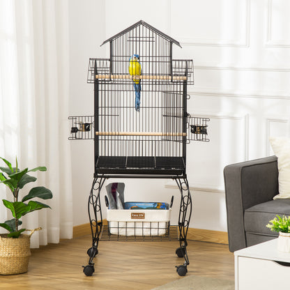 Bird Cage with Wheels Large Cage with Stand Bird Aviary with Removable Tray Doors Feeders Perches and Bottom Shelf for Cockatiel Lovebird Sun Conure 50x49x137 cm Black
