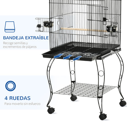 Bird Cage with Wheels Large Cage with Stand Bird Aviary with Removable Tray Doors Feeders Perches and Bottom Shelf for Cockatiel Lovebird Sun Conure 50x49x137 cm Black