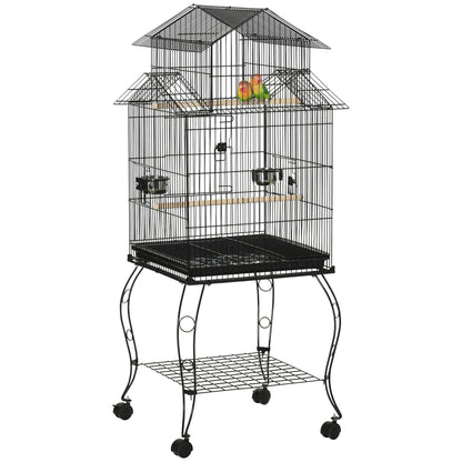 Bird Cage with Wheels Large Cage with Stand Bird Aviary with Removable Tray Doors Feeders Perches and Bottom Shelf for Cockatiel Lovebird Sun Conure 50x49x137 cm Black