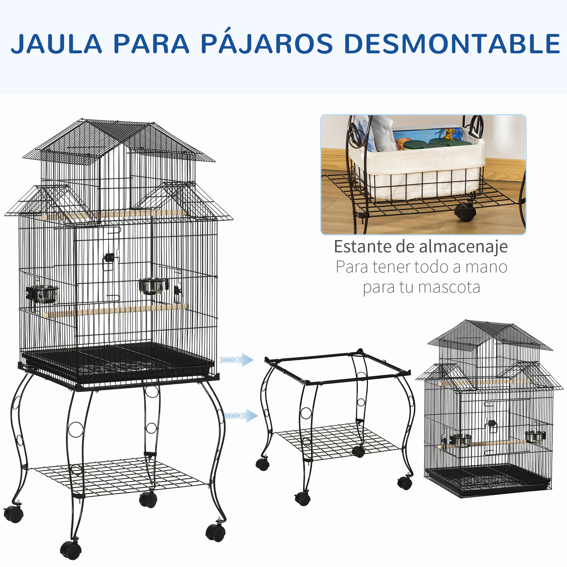 Bird Cage with Wheels Large Cage with Stand Bird Aviary with Removable Tray Doors Feeders Perches and Bottom Shelf for Cockatiel Lovebird Sun Conure 50x49x137 cm Black