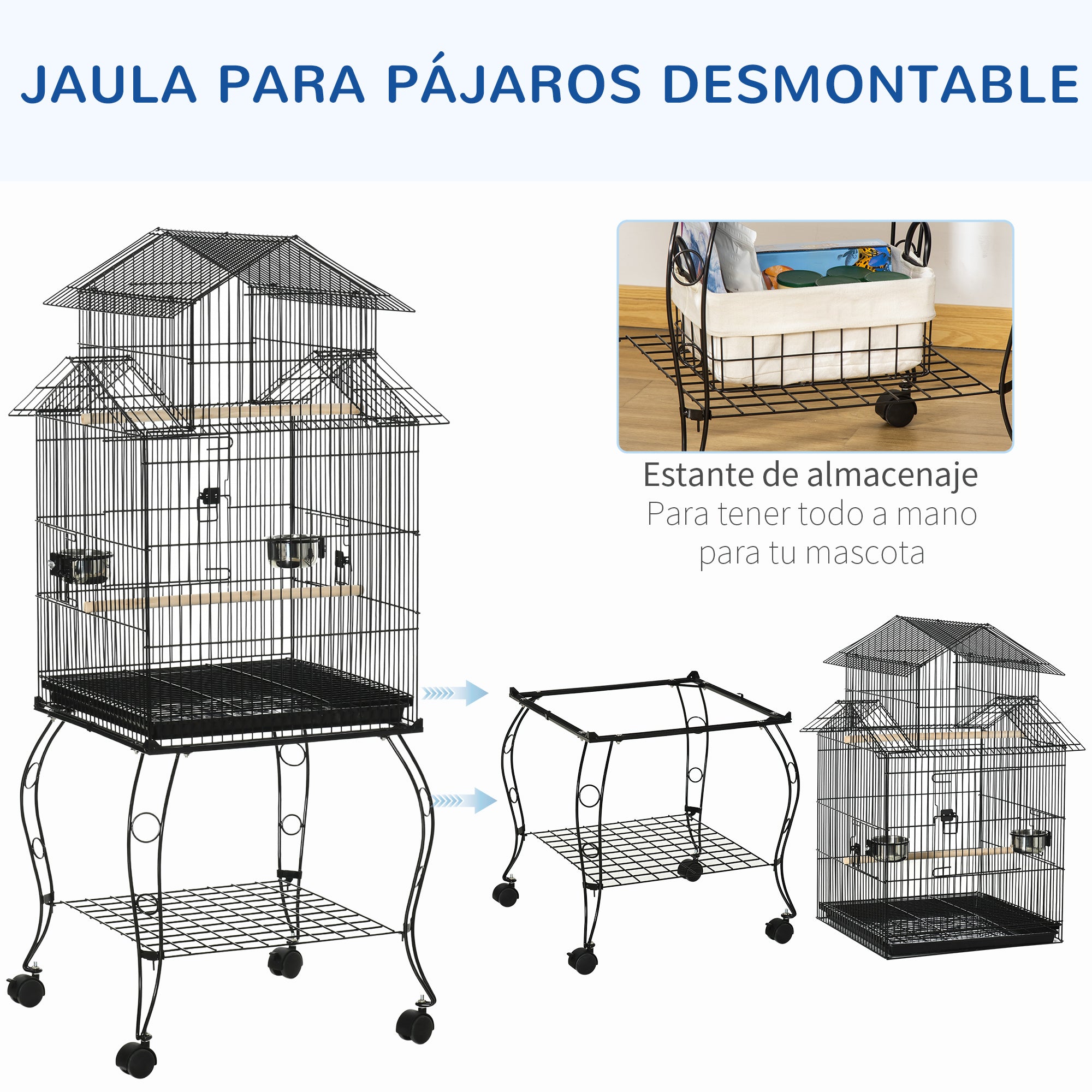 Bird Cage with Wheels Large Cage with Stand Bird Aviary with Removable Tray Doors Feeders Perches and Bottom Shelf for Cockatiel Lovebird Sun Conure 50x49x137 cm Black