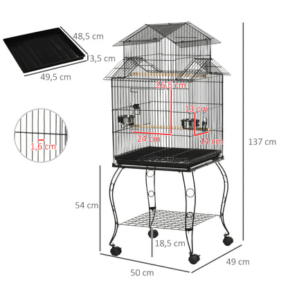 Bird Cage with Wheels Large Cage with Stand Bird Aviary with Removable Tray Doors Feeders Perches and Bottom Shelf for Cockatiel Lovebird Sun Conure 50x49x137 cm Black
