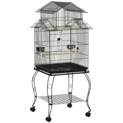 Bird Cage with Wheels Large Cage with Stand Bird Aviary with Removable Tray Doors Feeders Perches and Bottom Shelf for Cockatiel Lovebird Sun Conure 50x49x137 cm Black