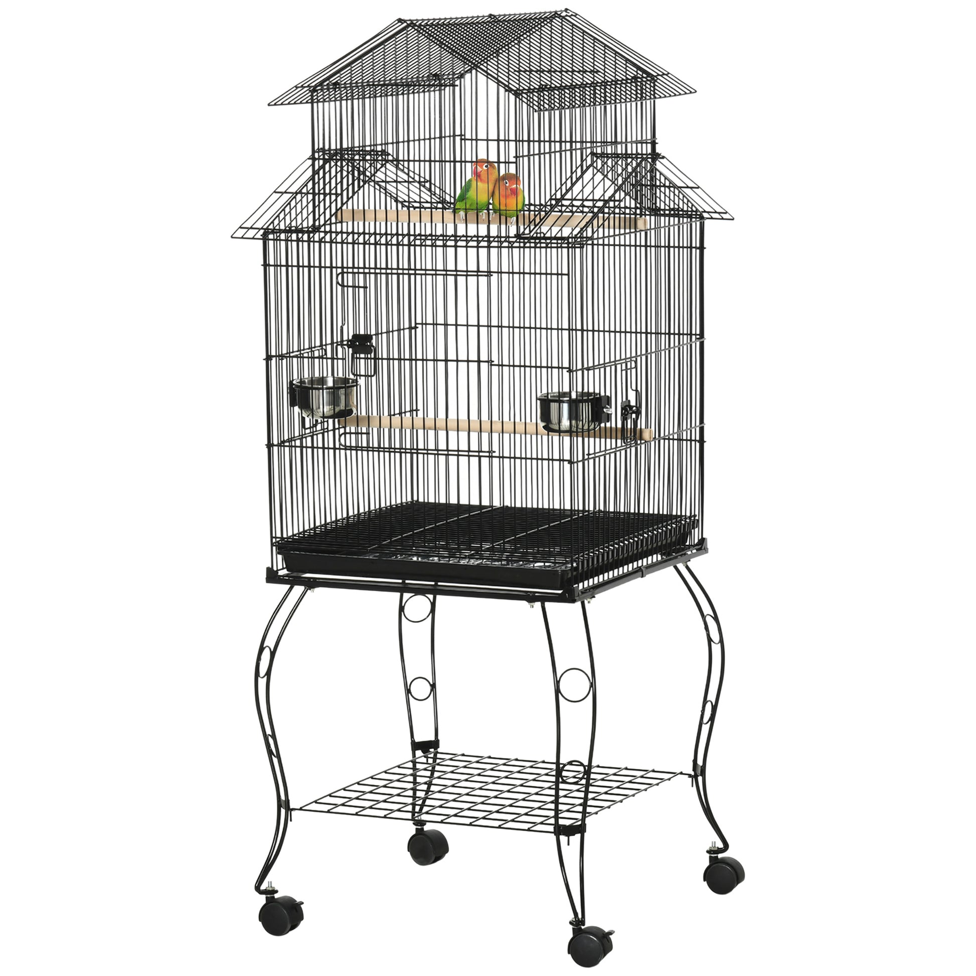 Bird Cage with Wheels Large Cage with Stand Bird Aviary with Removable Tray Doors Feeders Perches and Bottom Shelf for Cockatiel Lovebird Sun Conure 50x49x137 cm Black