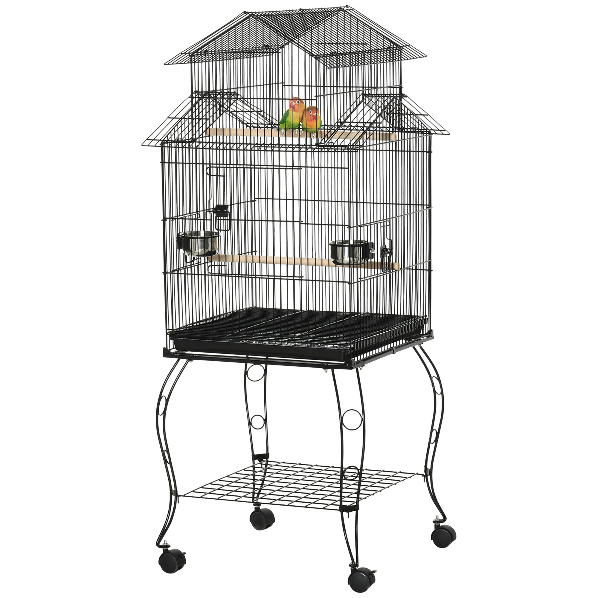 Bird Cage with Wheels Large Cage with Stand Bird Aviary with Removable Tray Doors Feeders Perches and Bottom Shelf for Cockatiel Lovebird Sun Conure 50x49x137 cm Black
