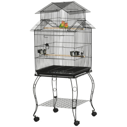 Bird Cage with Wheels Large Cage with Stand Bird Aviary with Removable Tray Doors Feeders Perches and Bottom Shelf for Cockatiel Lovebird Sun Conure 50x49x137 cm Black