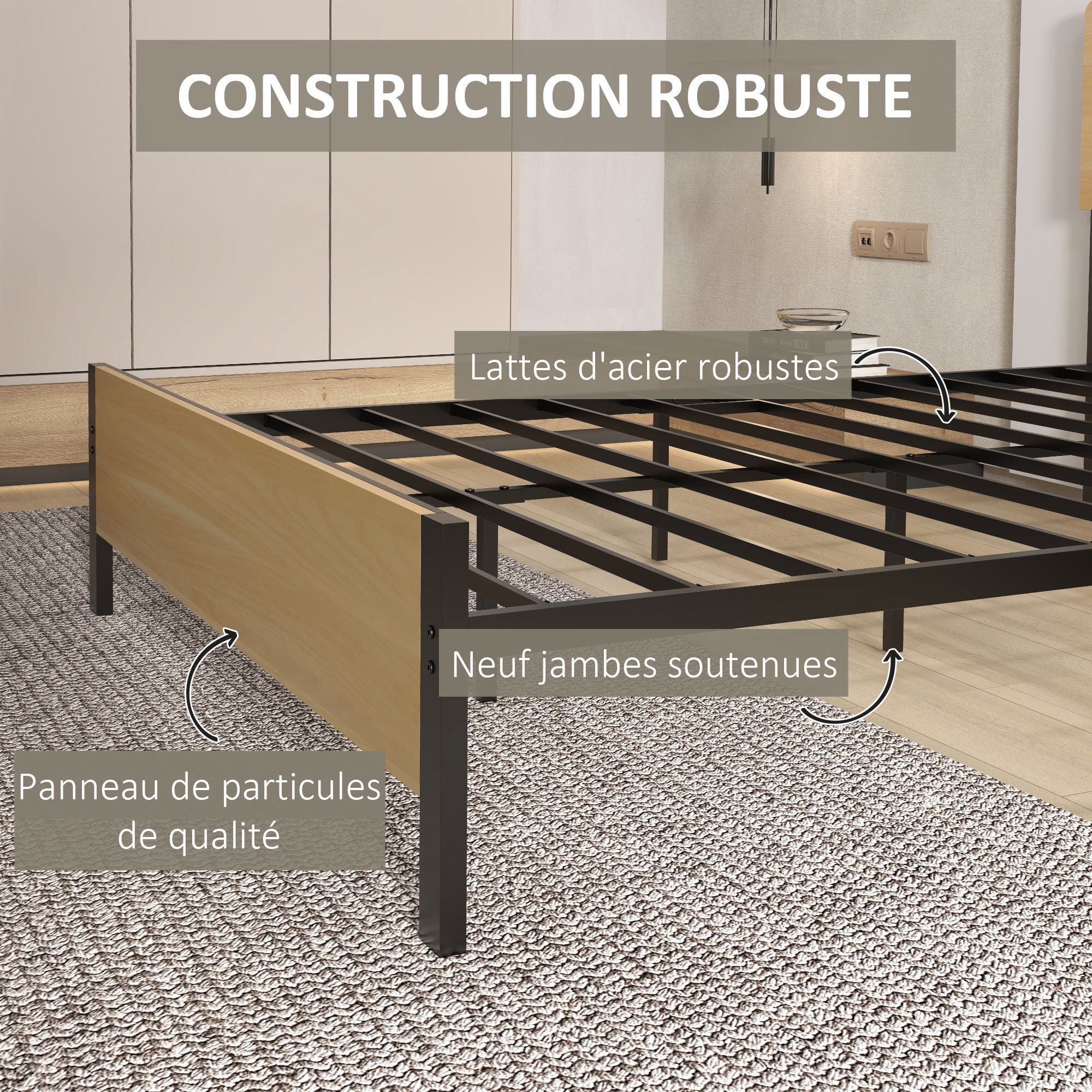 Double Bed Frame made of Steel with Slatted Frame and Headboard for Mattress 140 x 190 cm in Dark Wood Finish