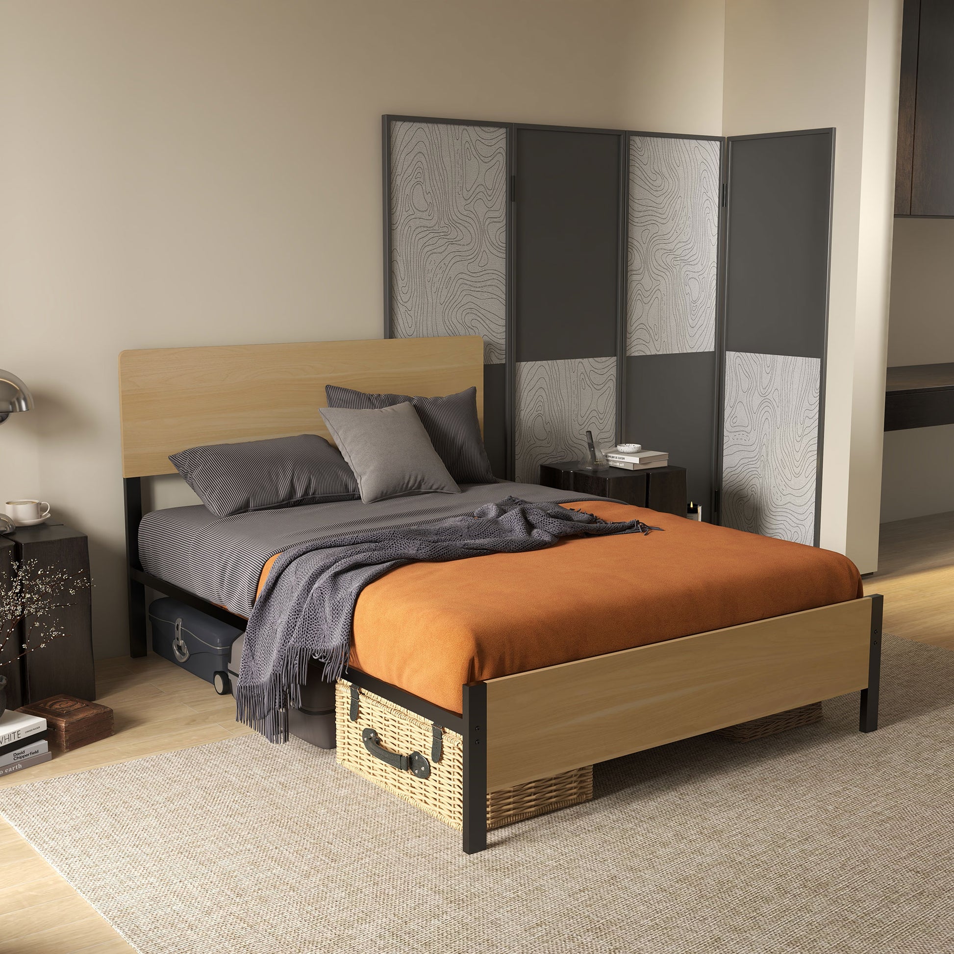 Double Bed Frame made of Steel with Slatted Frame and Headboard for Mattress 140 x 190 cm in Dark Wood Finish