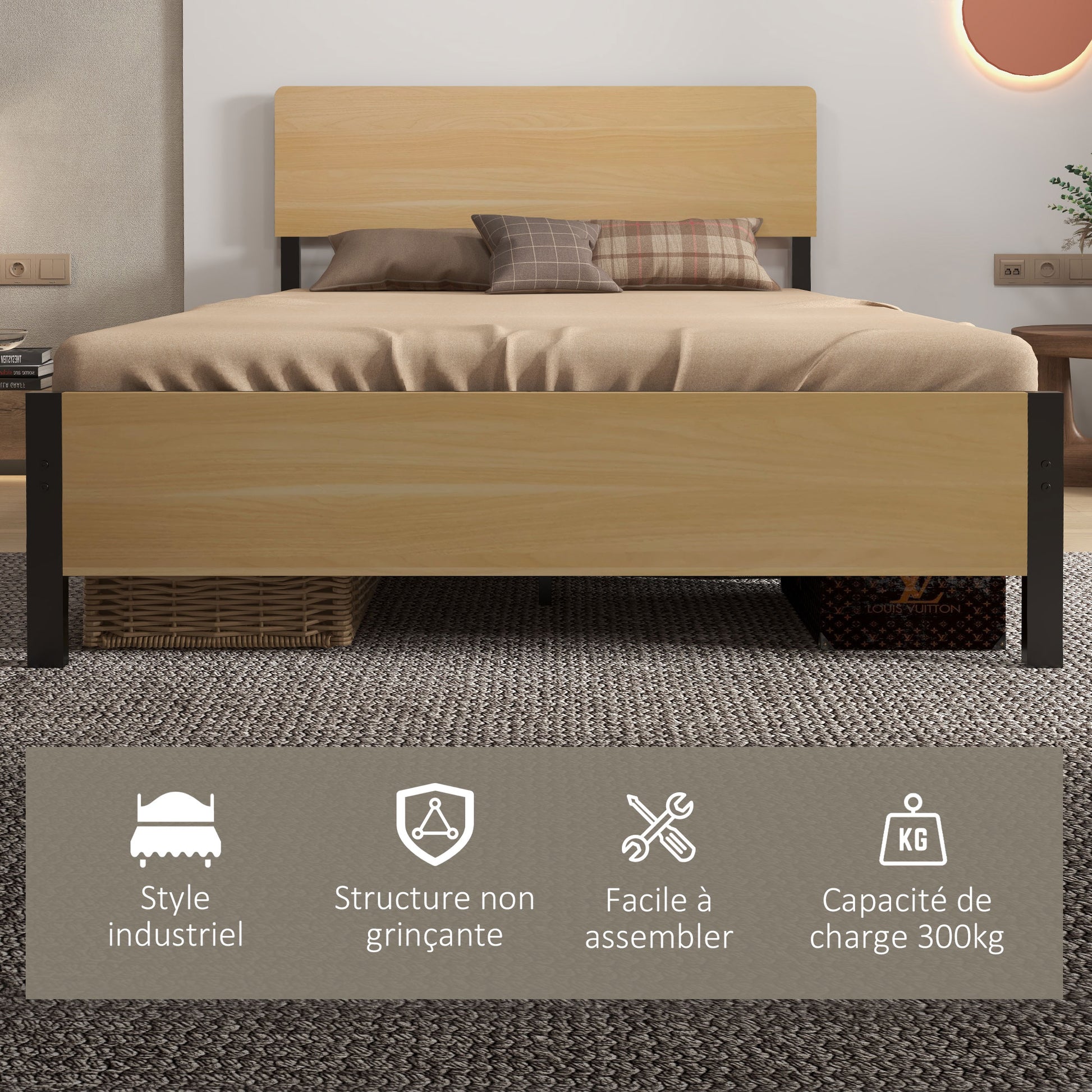 Double Bed Frame made of Steel with Slatted Frame and Headboard for Mattress 140 x 190 cm in Dark Wood Finish