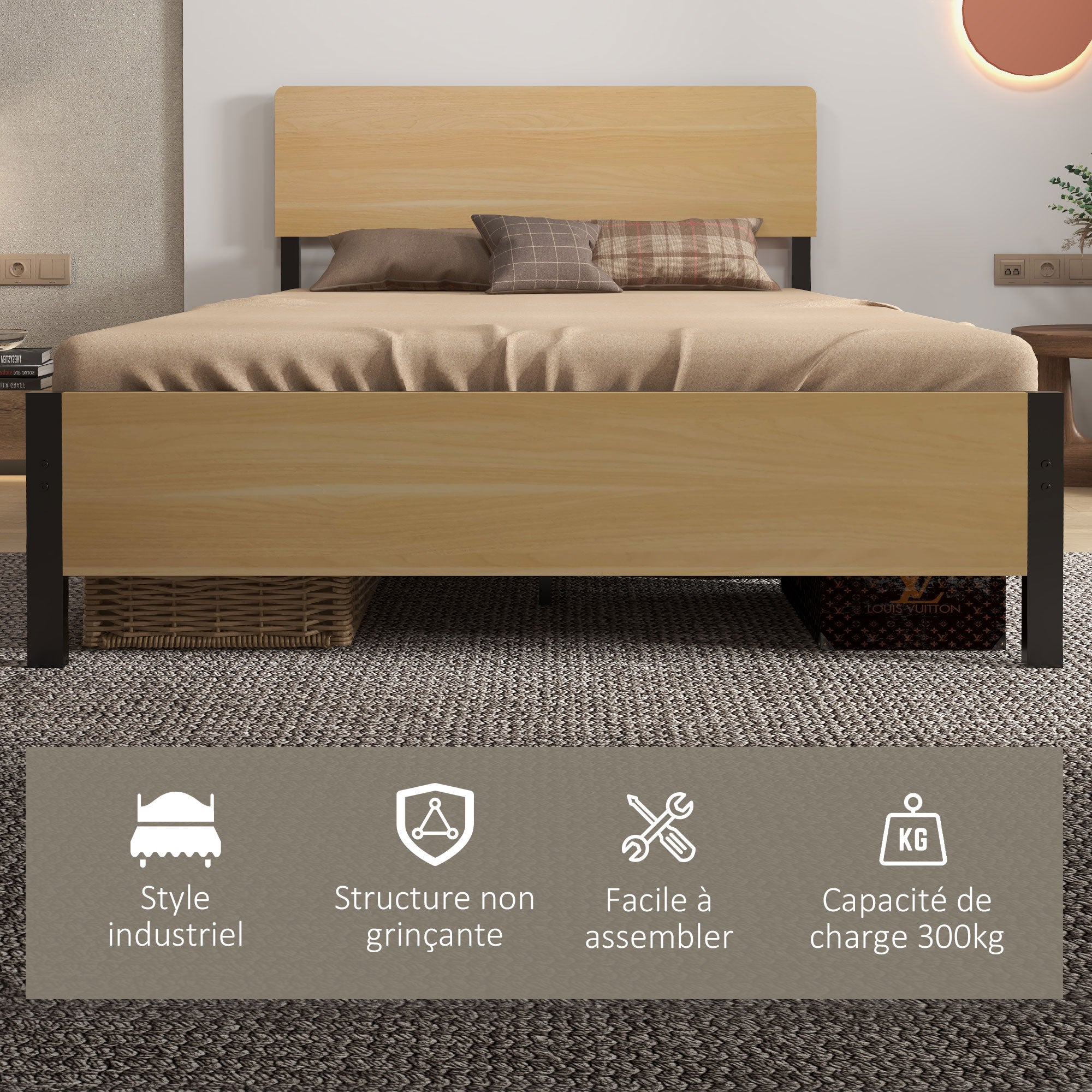 Double Bed Frame made of Steel with Slatted Frame and Headboard for Mattress 140 x 190 cm in Dark Wood Finish