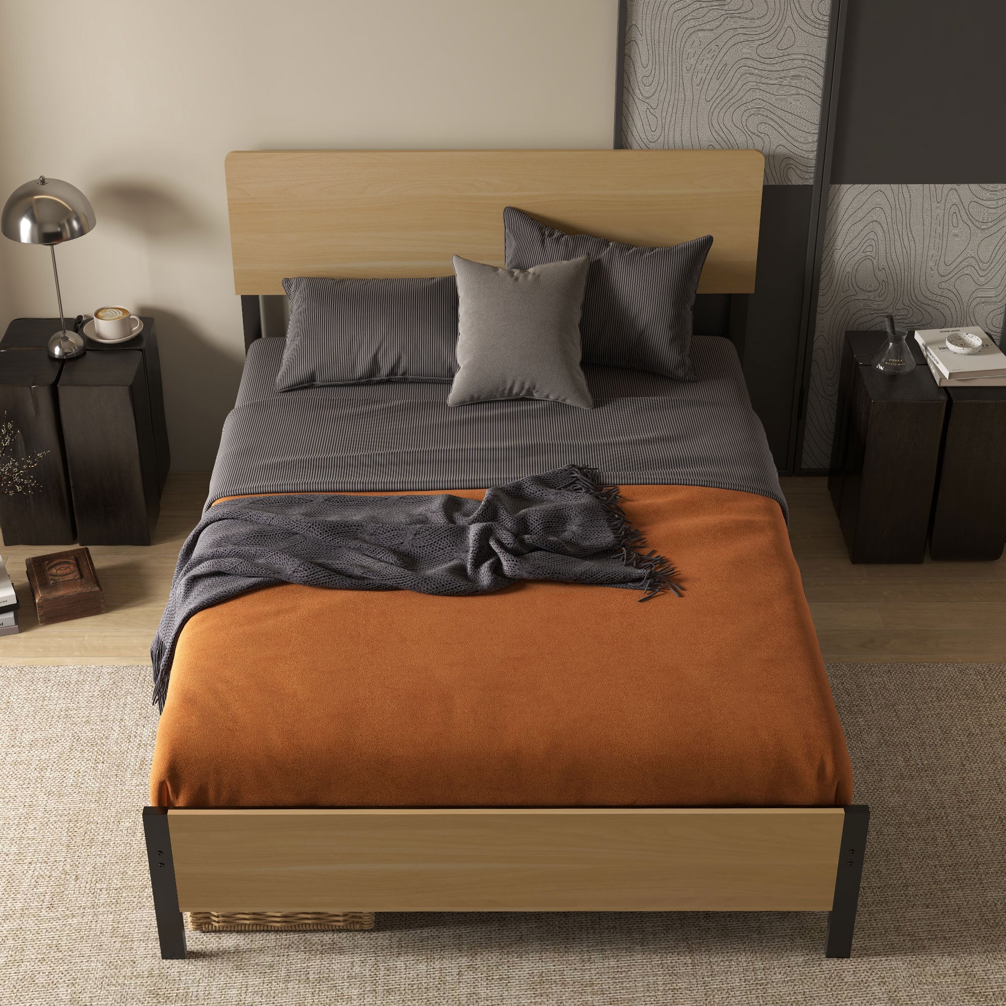 Double Bed Frame made of Steel with Slatted Frame and Headboard for Mattress 140 x 190 cm in Dark Wood Finish