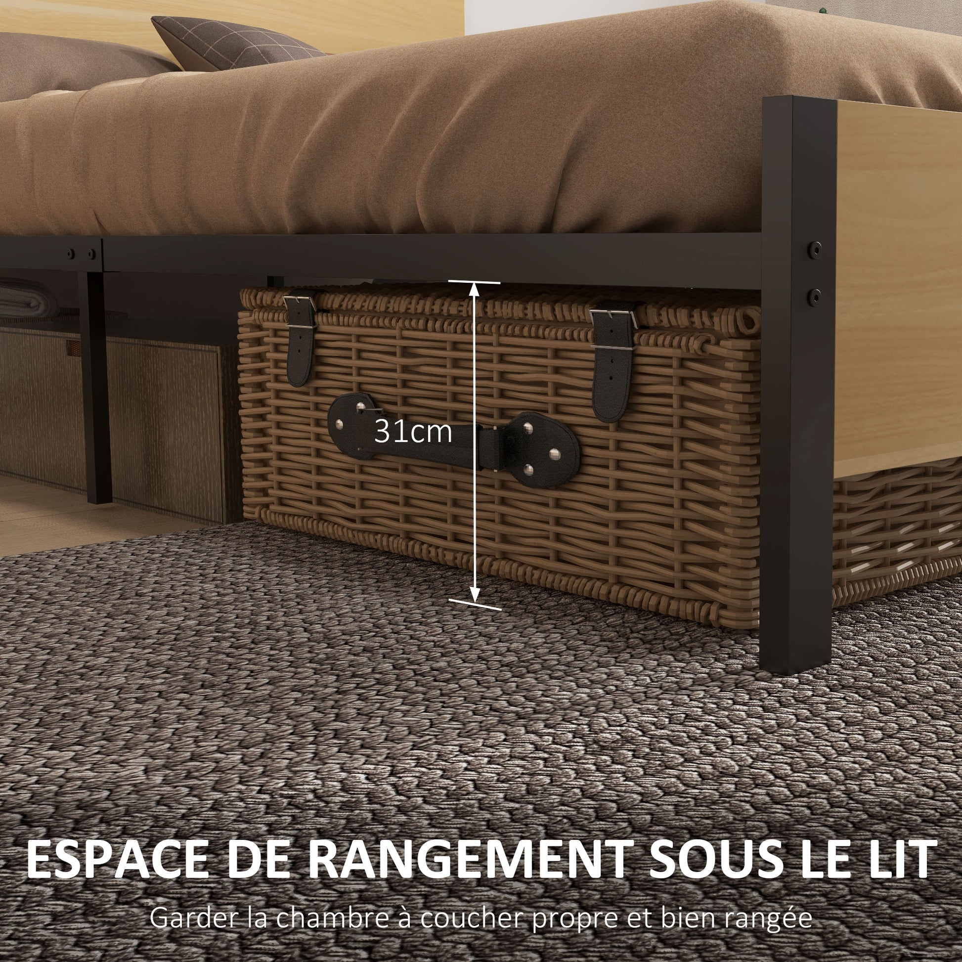 Double Bed Frame made of Steel with Slatted Frame and Headboard for Mattress 140 x 190 cm in Dark Wood Finish