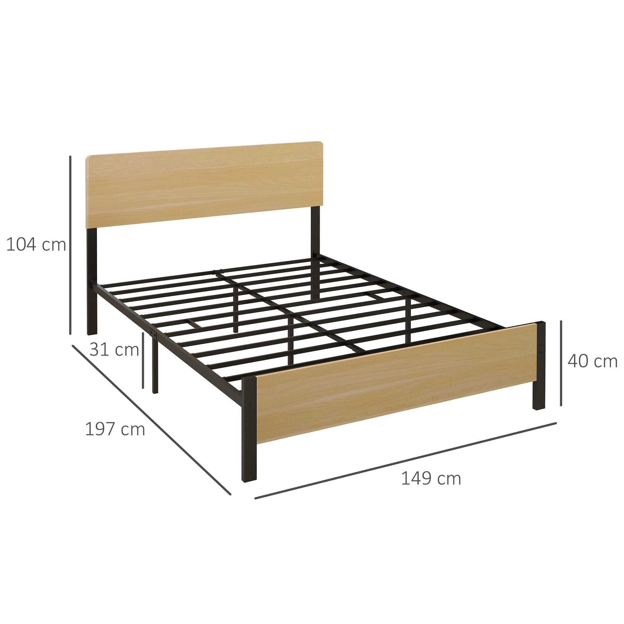 Double Bed Frame made of Steel with Slatted Frame and Headboard for Mattress 140 x 190 cm in Dark Wood Finish
